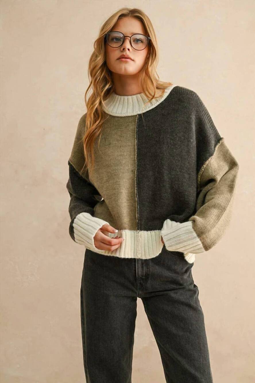 NEW MIOU MUSE cozy contrast knit sweater in olive charcoal